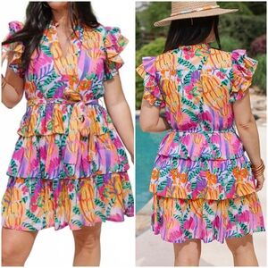 Briton Court Cotton/Viscose Vibrant Floral Ruffle Mini Dress Waist Tie Colorful